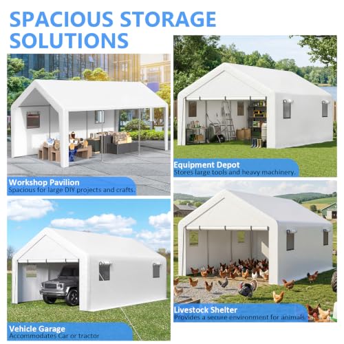 Image of Jocoevol 13x21 FT Enclosed Carport with Roll-up Windows, Removable Sidewalls & Doors and Sandbags for Car Boat Truck Motorcycle, White