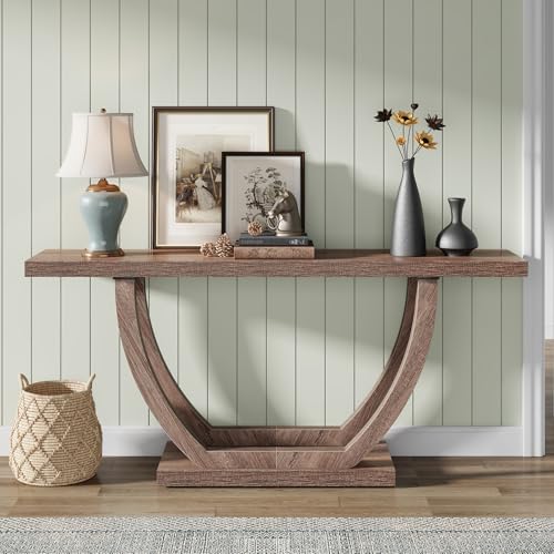 Image of Tribesigns 63-Inch Wood Console Table with Geometric Base, 2-Tier Farmhouse Sofa Table Narrow Long, Thickened Behind Couch Table with Shelves for Living Room Foyer Corridor (Dark Brown)