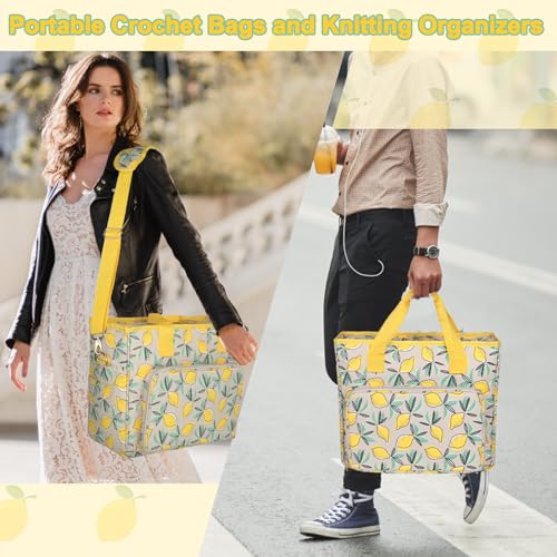 Sac de transport de fil jaune pour tricoter en voyage avec ses aiguilles et crochets