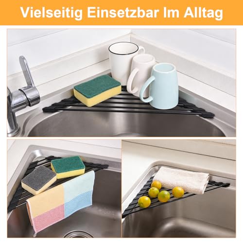 prota Dreieckiges Abtropfgestell Geschirr, Klein Faltbare Edelstahl Abtropfmatte, Geschirrabtropfgestell mit Silikonbeschichtung, Abtropfgitter Spüle für Tassen Obst Gemüse, Küche Organizer