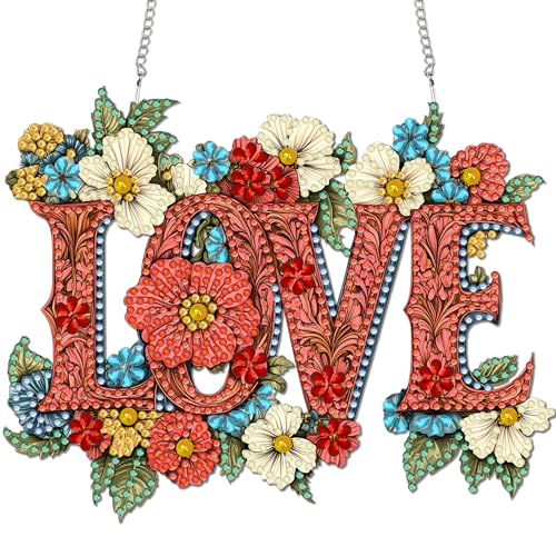 Reofrey Hanging Diamond Art Kits for Adults - 8x8 Inch Love Acrylic Board Double Sided Pattern Pearl Art Kits for Adults Suncatcher Pendant, DIY for Home Wall or Window Decoration Handmade Gift