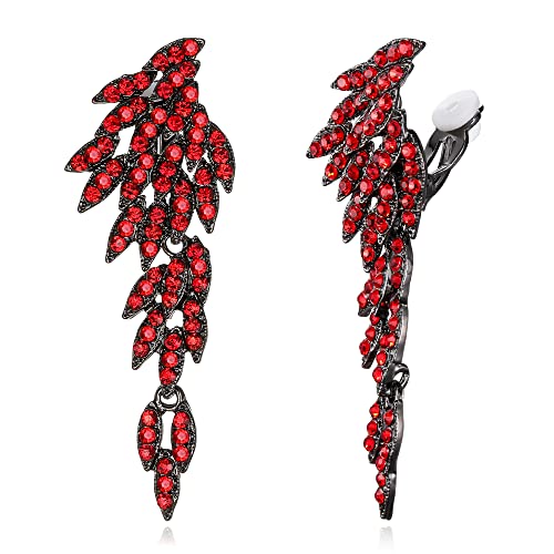 Brilove Clip-On Dangle Earrings Wedding Bridal Angel Wings Rhinestone Dangling Chandelier Long Drop For Women Party Prom Ruby Color Black-Tone #TOP8