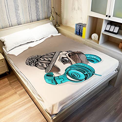 Yisumei Pug Throw Blanket Funny Mr. Dog Listening To Music Fleece Blanket Soft Warm Cozy For Sofa Couch Bed 60"X80" #TOP1