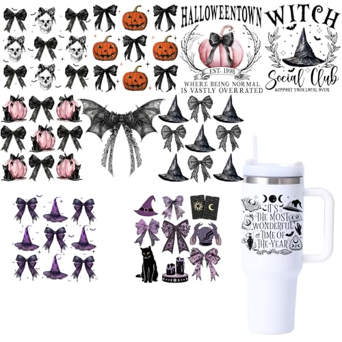 Halloween UV DTF Cup Wraps for 16 OZ Spooky Pumpkin Bowknot Design Transfer Stickers, Cup Stickers Decals Waterproof, UVDTF Cup Wraps for 40 oz Tumblers