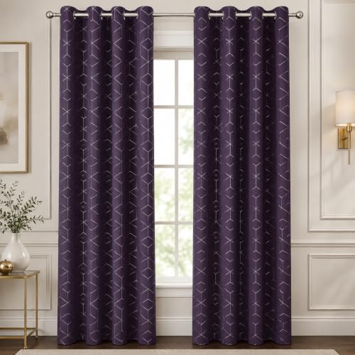 Deconovo Blackout Grommet Thermal Insulated Silver Foil Printed Curtains, Royal Purple/Diamond, 42W x 72L