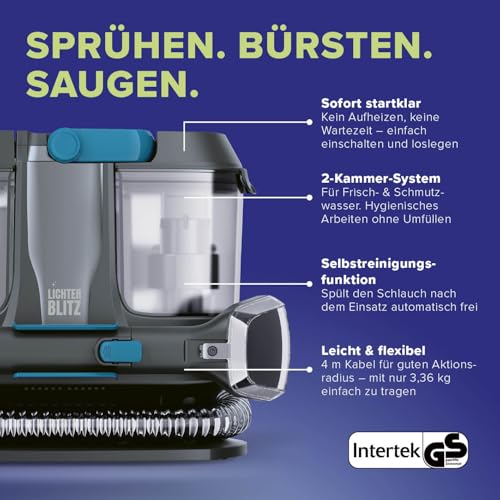 LICHTERBLITZ Waschsauger – kompaktes Polsterreiniger Gerät & Teppichreiniger mit 12 kPa Saugkraft | 2-in-1-Fugendüse + Kombidüse, 4 m Kabel & Selbstreinigung | ideal für Teppiche, Polster & Autositze