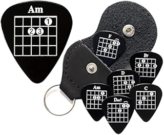 6 Black Chord Guitar Plectrums with Pick Holder Keyring - Double Sided - Harmony Picks