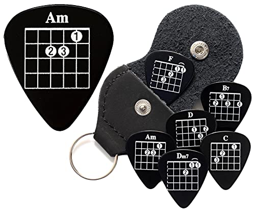 6 Black Chord Guitar Plectrums with Pick Holder Keyring - Double Sided - Harmony Picks