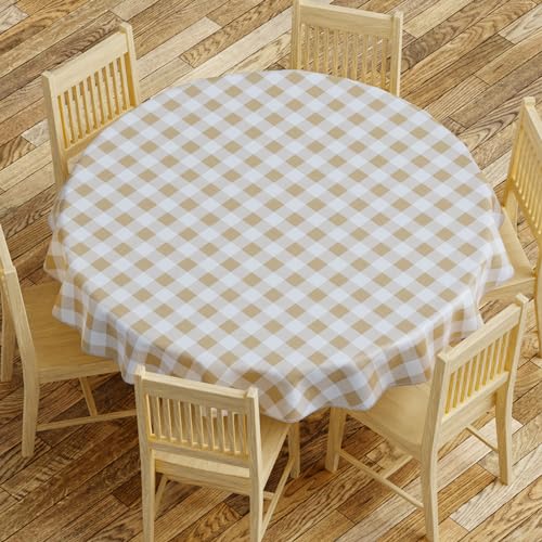 sorfey tablecloth - vinyl with flannel back, 70" round, water proof, easy to clean, checked beige design