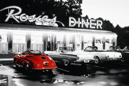 Affiche américaine Porsche rouge et Rosie's Diner format 91,4x61 cm de collection