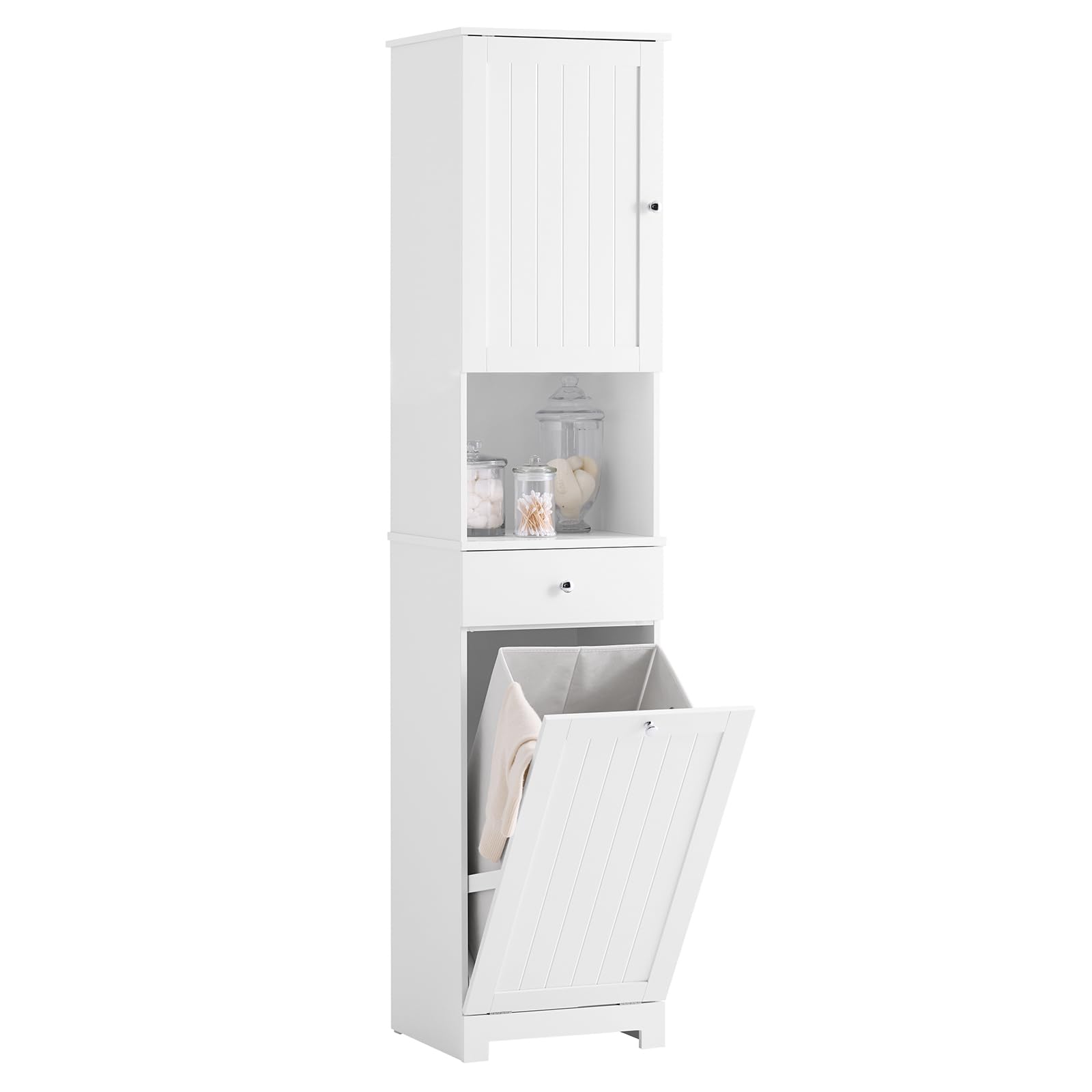 SoBuy Mobile Bagno Salvaspazio con Cesto Portabiancheria 45L 40x38x180cm | Colonna Bagno Stretta con Cassetto Ripiano Aperto e Anta Mobiletto per Lavanderia o WC BZR216-W