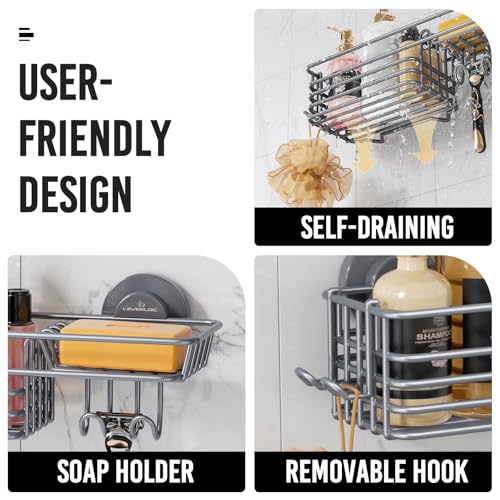 Image of LEVERLOC Shower Caddy Suction Cup, 2 Pack Shelves for Inside with Hooks | Grey Shower Storage, Soap Holder, Shampoo Holder, NO Drill Shower Holder, Rustproof Meatl Bathroom Basket