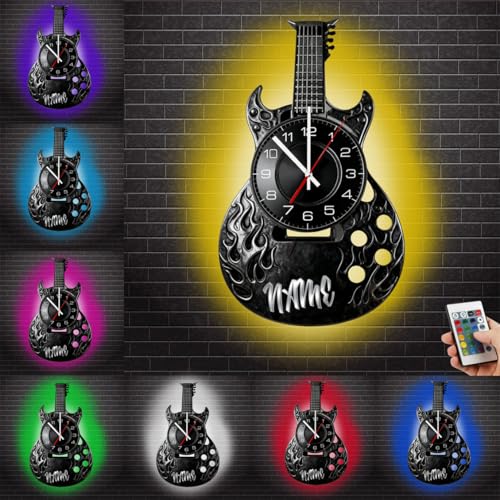 Tammnjo Personalized Electric Guitar Vinyl Record Wall Clock Custom Guitarist Name Clock Musical Instrument Night Light Wall Art Decor Music Lovers Gift for Family Friend Christmas Birthday,01