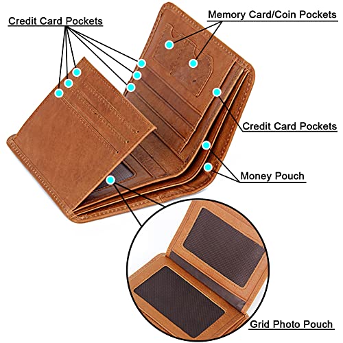 Men's Genuine Leather High Capacity Trifold Short Wallet, RFID Blocking Multifunctional Sleek Slim Photo Window and Credit Card Holder Freemasons Masonic Money Purses,Brown,Style 14