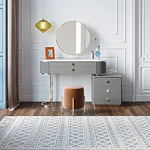 Vandana Interiors Modern Stone & MDF Top Makeup Vanity Set with Cabinet Mirror & Stool in Gray