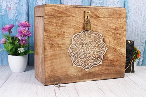 TrendBell Wooden Decorative Wedding Card Box with Card Slit and Lock 12\"X10\"X4.5\"- Gift Wishing Well Card Box for Weddings Party Cards Receptions Birthdays Graduations Honeymoon Funds Baby Showers