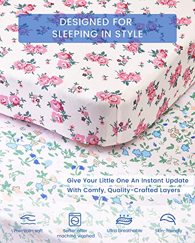 Mini Crib Sheets Girl, Totbasic Premium Soft Stretchy Floral Pack N Play Sheets For Baby Girls, Breathable Jersey Cotton Pack And Play Sheets, 2 Pack Play Yard Sheets, Vintage Pink Purple Boho Flower #TOP1