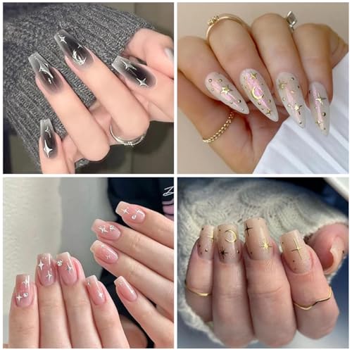 Image of MAYCREATE 12 Sheets Metallic Nail Art Stickers for Women 3D Self-Adhesive Nail Decals Star Moon Metallic Nails Design Sticker for DIY Nails Art Design Decoration Accessories | Self-Adhesive Star Moon Designs, Easy Nail Decoration, Peel and Apply, Nail Accessories for DIY Manicures