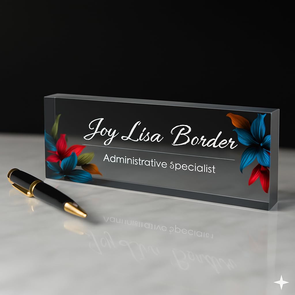 Personalised Office Desk Name Plate Custom Modern Plaque Sign Clear Glass Effect White Acrylic Base Work Home Gift for Loved Ones