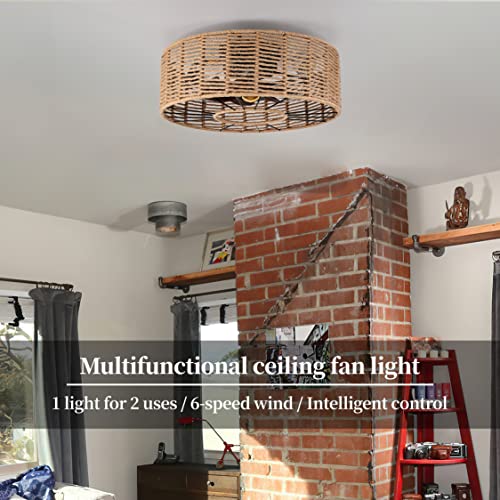 AyshwillDec Caged Ceiling Fans with Light Hemp Rope Boho Ceiling Fan Low Profile Ceiling Fan with Light and Remote Farmhouse Ceiling Fans Enclosed Fan with Lights for Bedroom Kitchen - Image 2