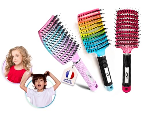 Cepillo de pelo desenredado mágico [no tirar] pelo de jabalí 100% natural – para desenredar suavemente. (fucsia/rosa/azul)