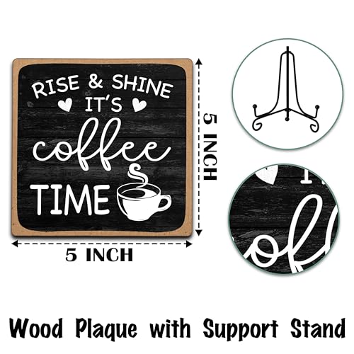 Farmhouse Coffee Bar Sign, Rise & Shine It's Coffee Time, 5"x5" Wood Plaque with Stand Gift for Home Kitchen Tabletop Decor -B09