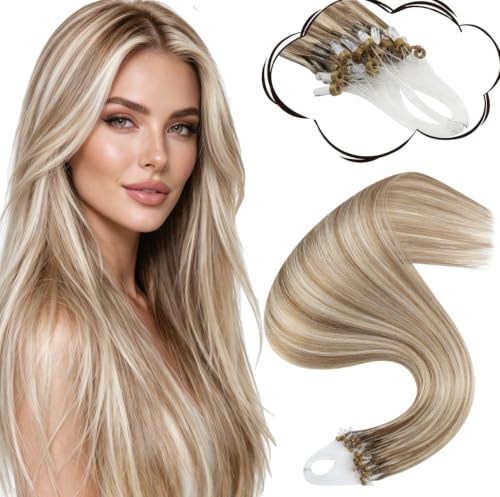 Image of Moresoo Microlink Hair Extensions, Feather Tip, Ash Brown Blonde Highlight