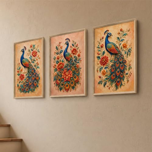 Image of Livin'luxe Set of 3 Peacock Floral Wall Paintings for Living Room Bedroom Home Decor with Premium Wooden Color Synthetic Frame, Ethnic Art (13.5 x 19.5 Inch) NM03-66
