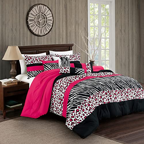 HIG 7 Piece King Size Pink and Black Color Printed Set- Contemporary Brushed Microfiber Bedding Set for All Season - Breathable & Comfortable Bed in A Bag with Down Alternative Filling (22373)