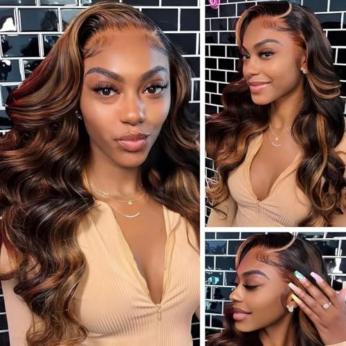 Image of MUZOJET 1B /30 Highlight Ombre Balayage 13x6 Lace Front Wigs Human Hair Black and Blonde FB30 HD Transparent Lace Front Wig Human Hair Pre Plucked with Baby Hair for Black Women 180% Density 30 Inch
