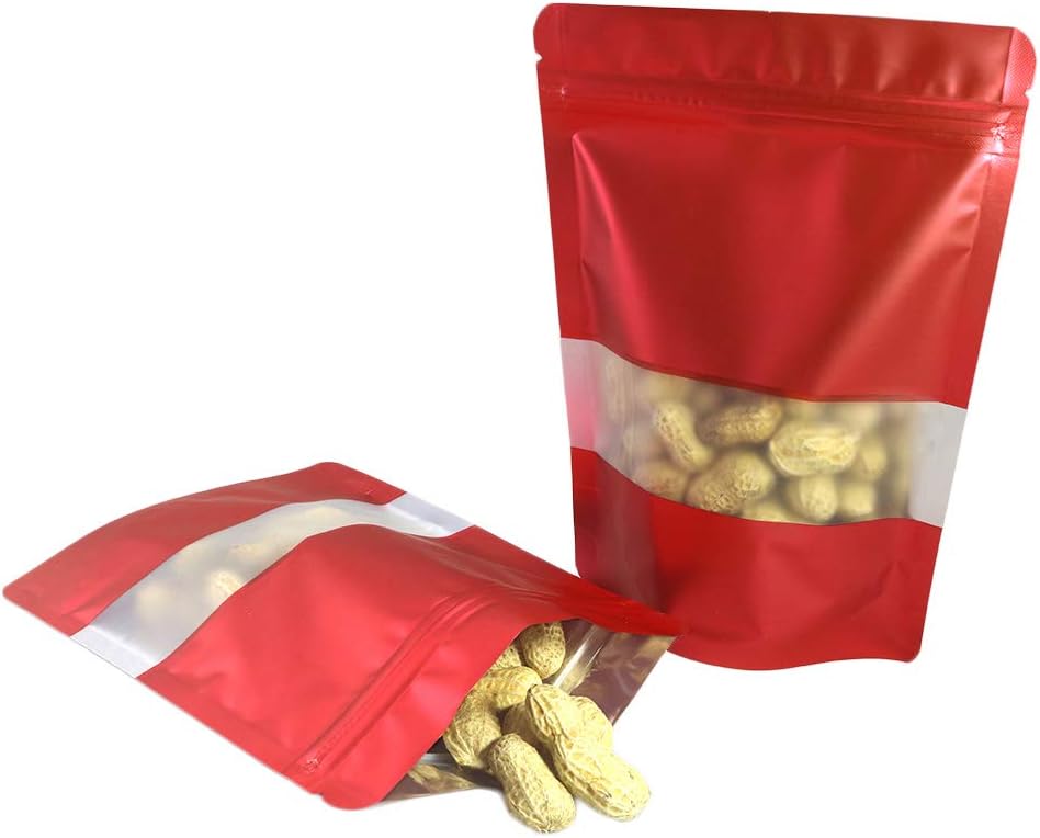 100 Metallic Colored with Clear Window Metallic Foil Stand-Up Resealable Food Storage Pouch (13oz, Matte Pink)