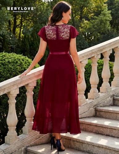 Image of BeryLove Formal Long Dresses for Women Wedding Guest Cocktail Bridesmaid | Airy Lace & Chiffon Evening Gown, Flutter Sleeve, Ideal for Mother of the Bride, Prom, Homecoming Party & Semi-Foraml Events