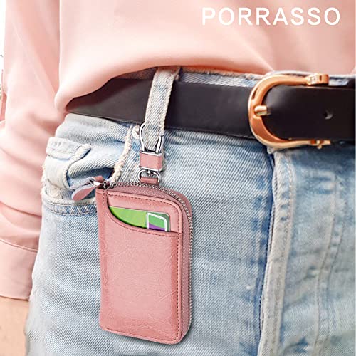 Porrasso Genuine Leather Key Case Car Key Bag Key Pouch Portable Card Holder Keychain Wallet With 6 Hook For Men Women Pink #TOP6