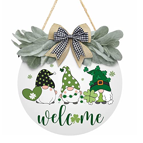 St Patricks Day Welcome Door Sign For Front Door Welcome Shamrock Gnomes Pattern Wreath Door Sign With Greenery & Bow Wooden Round St Patricks Day Decoration For The Home Farmhouse Decor (White) #TOP27