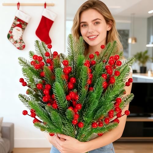 20pcs Artificial Flower Bouquet - Green Fir Tree with Red Berries Realistic Fake Flowers for Home/Outdoor/Living Room/Bathroom/Garden/Apartment/Wedding/Party/Hotel