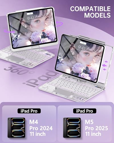 Image of Intermerge Transparent Keyboard Case for iPad Pro 11 inch(M5,2025 / M4,2024), 360 Swivel Multi-Touch Trackpad, 7-Color RGB Backlit, Pencil Holder, Type-C, Power Indicator, Frost Pulse