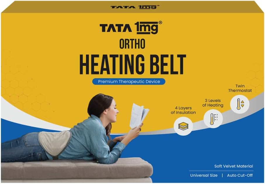 - 1MG Tata Electric Heating Belt | Heating Pad For Back, Shoulder, Knee, Ankle, Period Pain Relief | 4 Layer Insulation For Safe Usage | 3 Heat Settings | Auto Shut Off | 1 Unit, Grey
