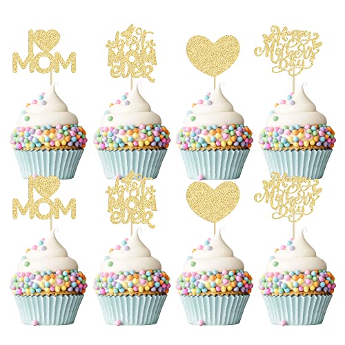 24Pcs Mother's Day Cupcake Toppers Rose Gold Glitter Best Mom Ever Cupcake Picks Heart Love Mom Cake Decorations for Happy Mother's Day Birthday Party Cake Decorations Supplies