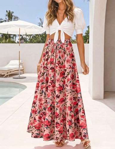 Image of ZESICA Women's 2026 Summer Bohemian Floral Printed Elastic Waist A Line Maxi Skirt with Pockets