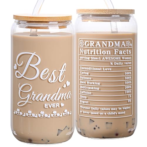 AUOIAJAS Best Grandma Ever Gifts, Birthday Gift for Grandmother, Gigi Gifts for Grandma from Granddaughter Grandson, Glass Coffee Mug Cup Jar with Lid and Straw 16 Oz