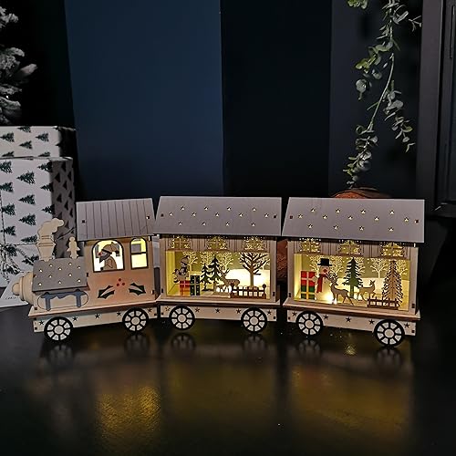 Samuel ALEXANDER 16cm LED Battery Operated Indoor Wooden Christmas Train & Carriages Scene