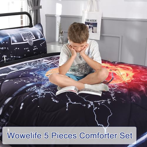Wowelife Basketball Comforter Set Queen 5 Pieces Basketball Bedding Set Sports Kids Bedding Set Bed in a Bag for Boys with Comforter, Flat Sheet, Fitted Sheet and 2 Pillowcases, Red Black