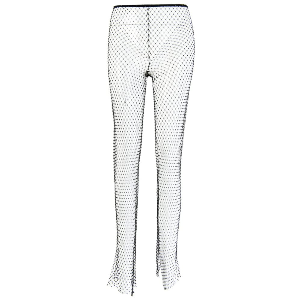 Crystal Diamond Shiny Women Pants Summer Hollow Out Fishnet Wide Leg Trousers Sexy See Through Beach Pant