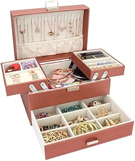Jewellery Box Organiser, 3 Layer PU Leather Jewellery Case, Large Jewellery Organiser with Drawer, Jewellery Storage Case for Necklaces Earrings Bracelets and Rings, Rose gold
