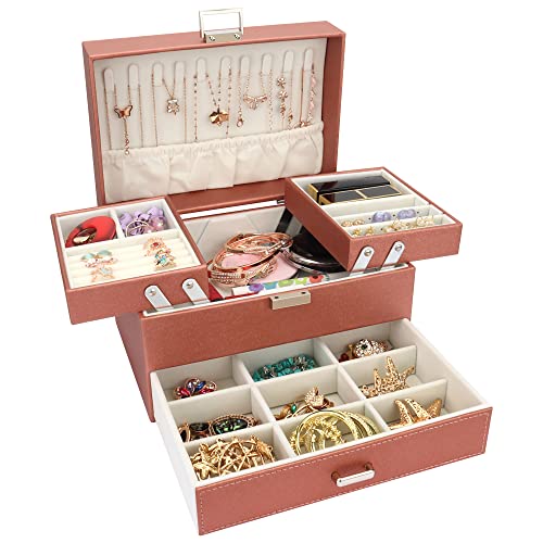 Casiwaft Smyckeskrin 3 lager, stort smyckeskrin stor, stor smyckesorganisatör med låda för armband, örhängen, ringar, halsband, klockor, roséguld