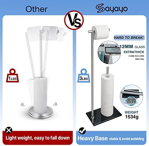 Sayayo Toilet Roll Holder Free Standing Chromed Toilet Paper Holder for Bathroom, SUS304 Stainless Steel Poles and 12MM Thick Tempered Glass Base, Additional Storage Stand for 3-4 Rolls (70CM Height)