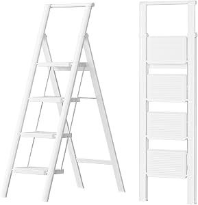 SOLADDER 4 Step Ladder with Handrails, Anti-Slip and Foldable Step Stool with Widen Pedals, Portable Stepladders for Home, Kitchen and Indoor, Space Saving, 300 lbs Capacity, White