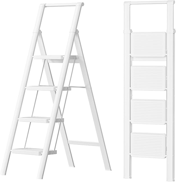 SOLADDER 4 Step Ladder with Handrails, Anti-Slip and Foldable Step Stool with Widen Pedals, Portable Stepladders for Home, Kitchen and Indoor, Space Saving, 300 lbs Capacity, White