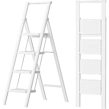 SOLADDER 4 Step Ladder with Handrails, Anti-Slip and Foldable Step Stool with Widen Pedals, Portable Stepladders for Home, Kitchen and Indoor, Space Saving -300lbs White