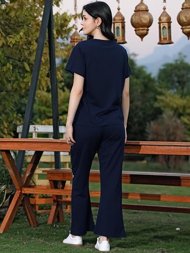 Image of ZEYO Night Suit for Womens Typography Printed Cotton Night Dress of Top and Wide Bottom Pyjama